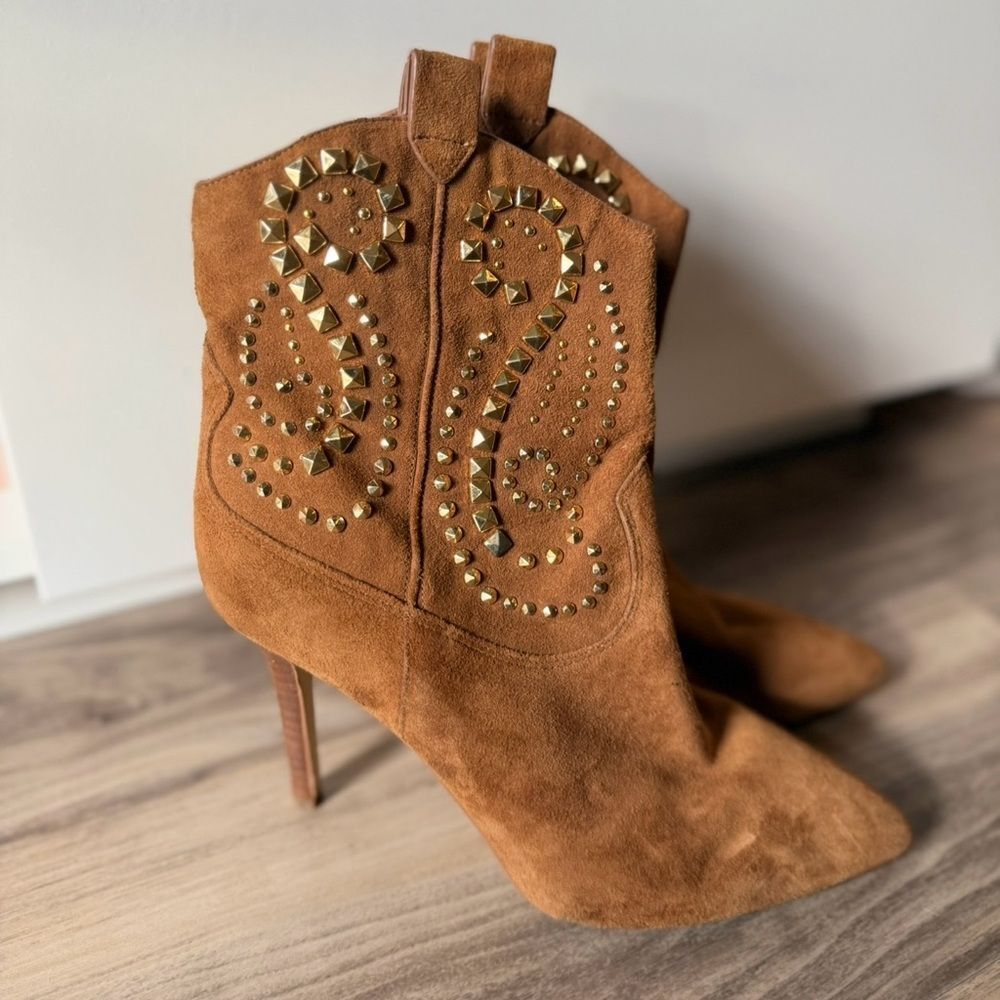 Michael Kors Reena Dark Caramel Suede Studded Cowboy Ankle Boot Bootie, 7M